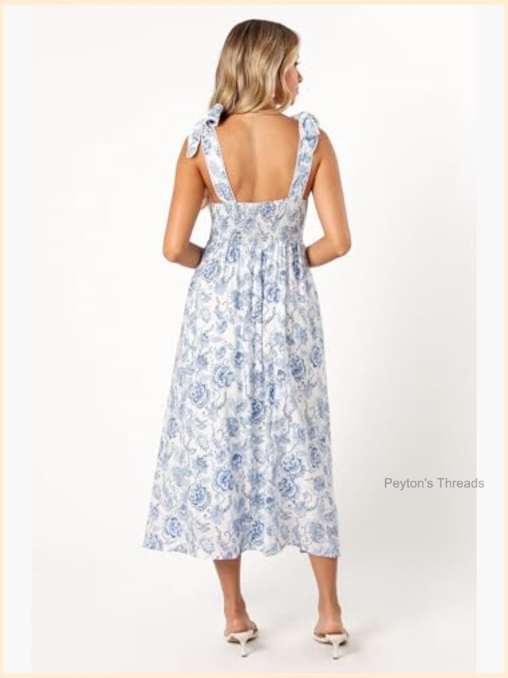 Women's Casual Midi Dress with Adjustable Straps, Square Neckline, Shirred - Picture 4 of 5